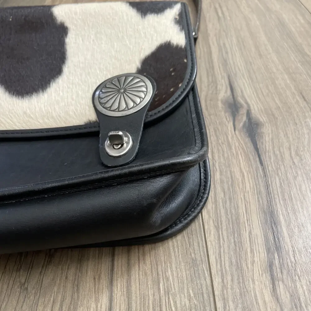 Vintage Leather Crossbody Bag Silver Concho Western Boho Briefcase Calf Hair EUC